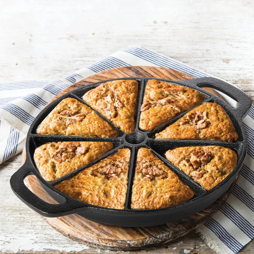 Cast Iron Wedge Pan, Non-Stick Round Corn Bread Skillet with Double Handles Z5023