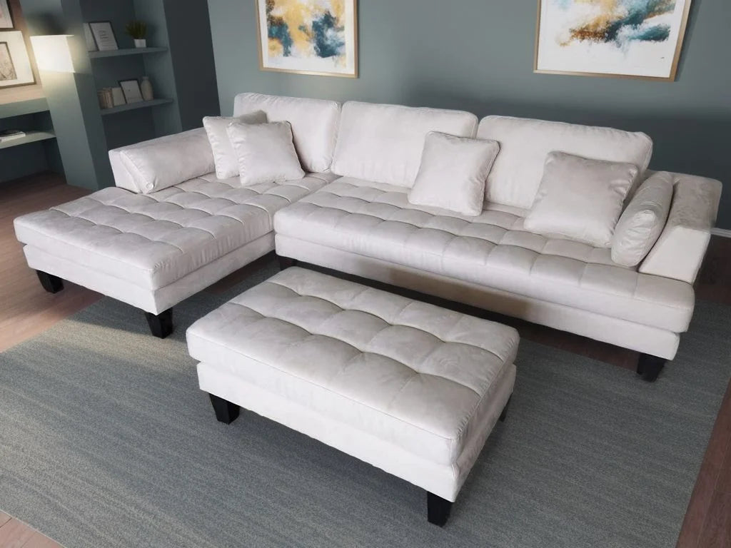 3pc L-Shape Cream Microfiber Sectional Sofa with Chaise Ottoman L3409