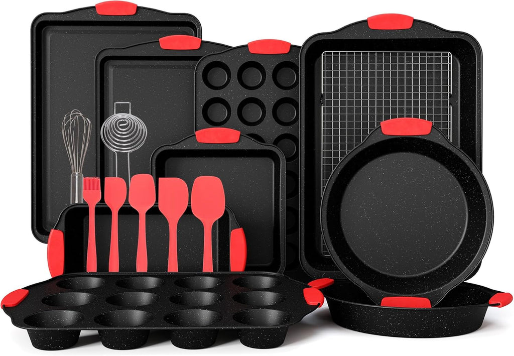 MAISON ARTS 18-Piece Nonstick Carbon Steel Baking Pans Set, Black Stackable Bakeware Sets for Cooking, 500°F Oven Safe, Cookie Sheets, Loaf, Muffin, Pizza, Pie, Round/Square Pans with Silicone Grips