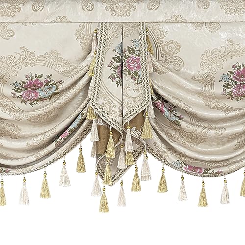 Luxury Jacquard Waterfall Valance with Tassels, Floral Damask Swag Curtains, Pearly Beige, 79 Inch, 1 Panel G1502