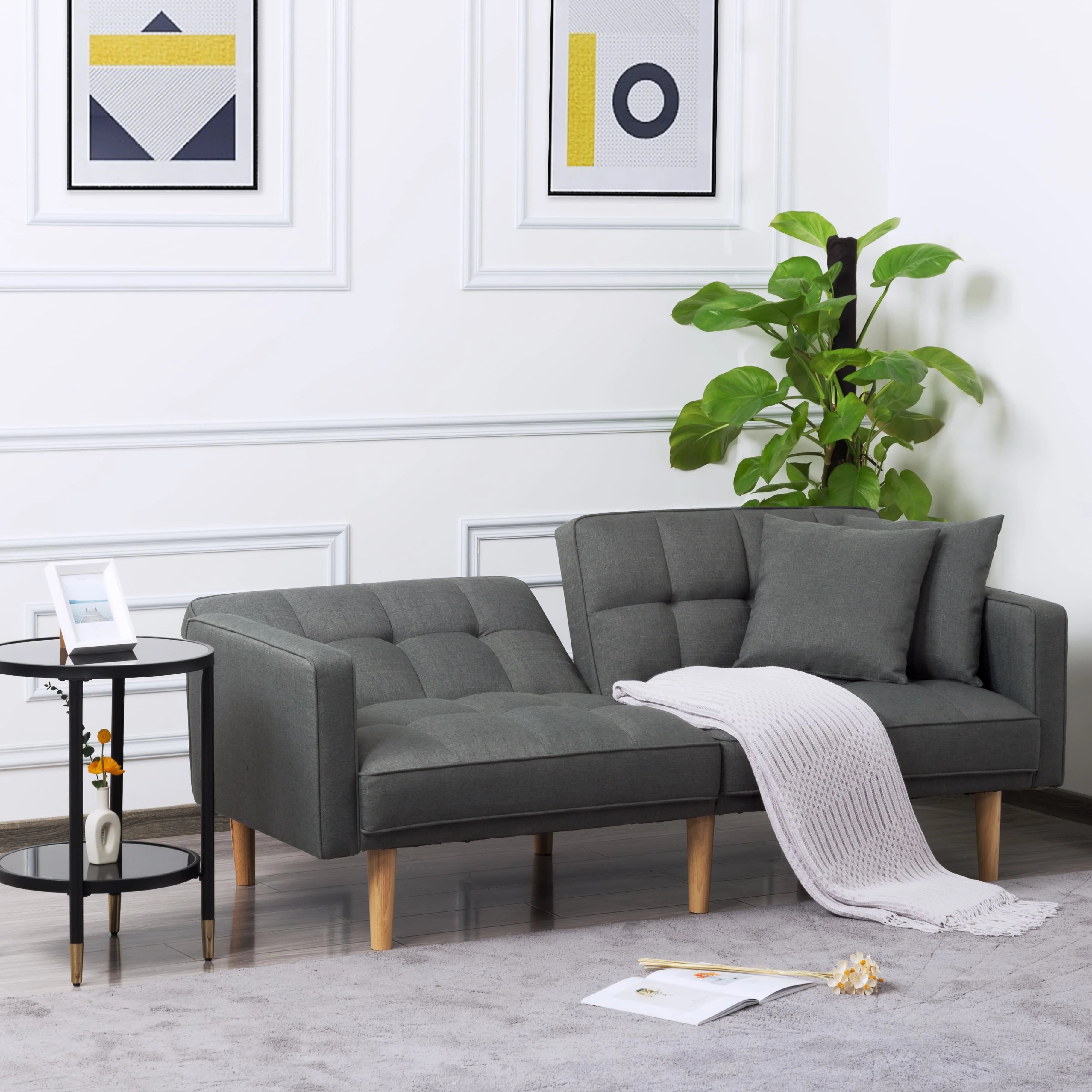 Futon Sofa Bed with Split Back and Wood Legs F4124