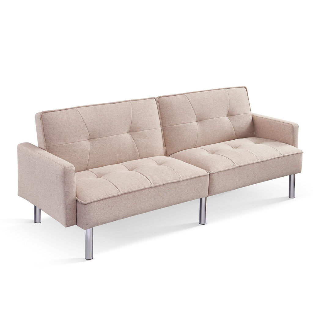 Extra Long Tufted Beige Fabric Futon Adjustable Sofa Bed J212