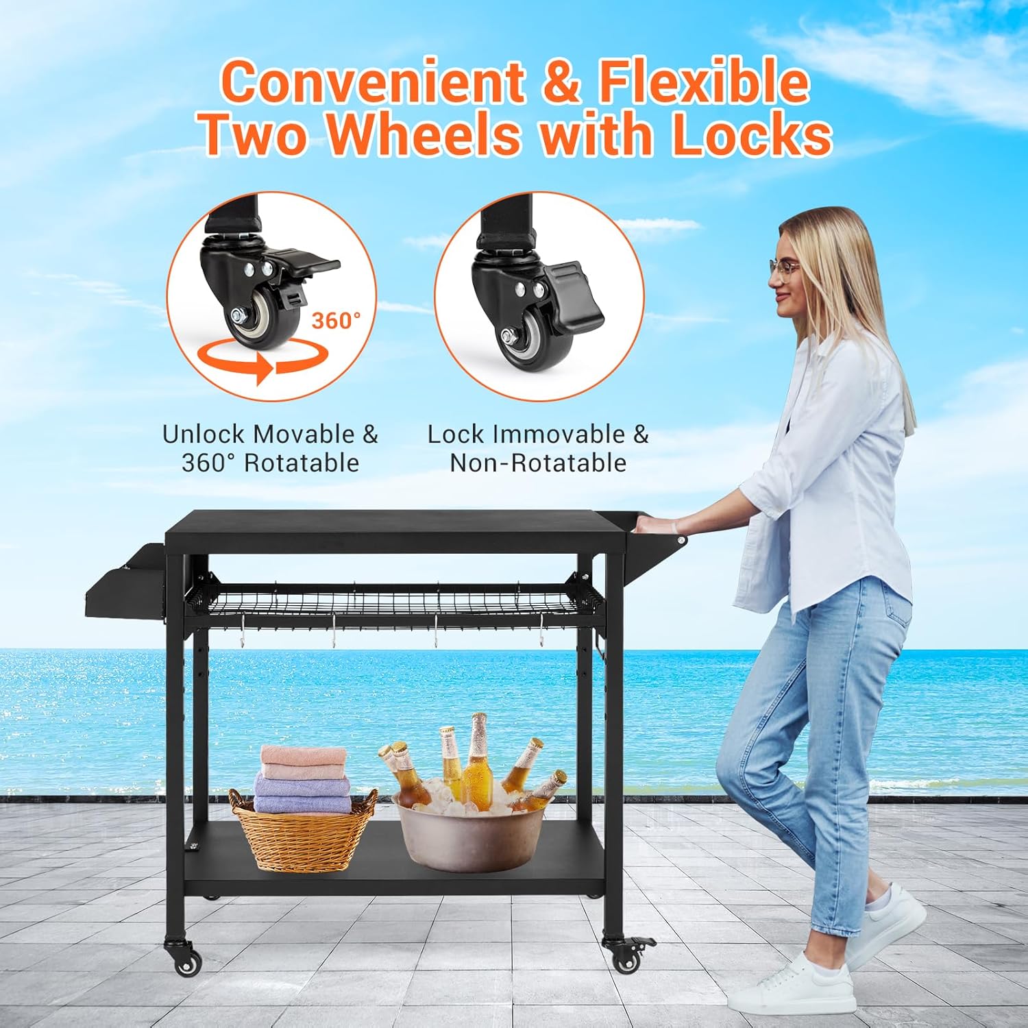 Outdoor Grill Cart with Wheels, Pizza Oven Stand Table, Black R98167
