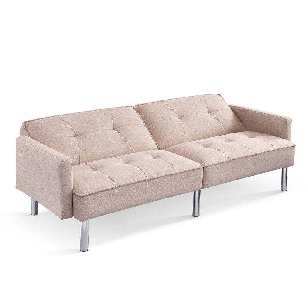 Extra Long Tufted Beige Fabric Futon Adjustable Sofa Bed J212