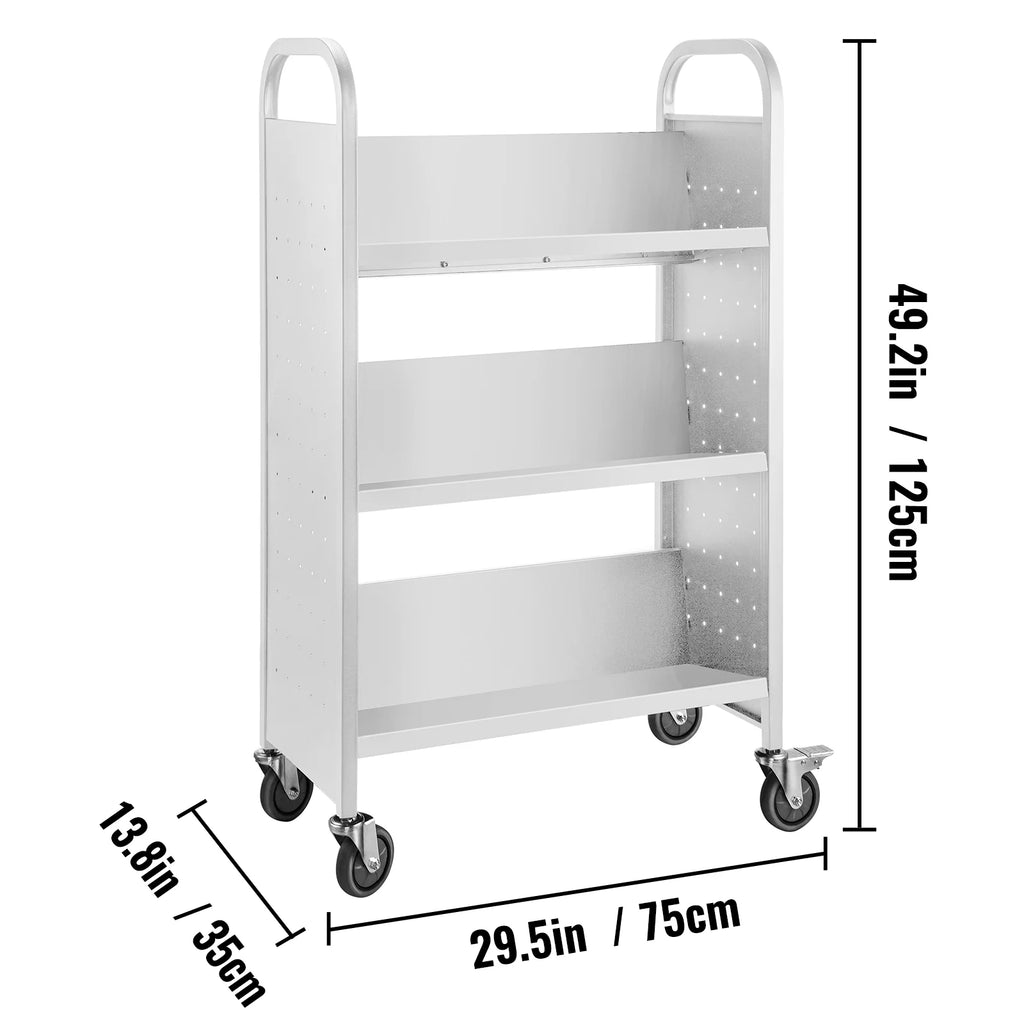 Book Cart Library Cart with V-Shaped Shelves, White M8451