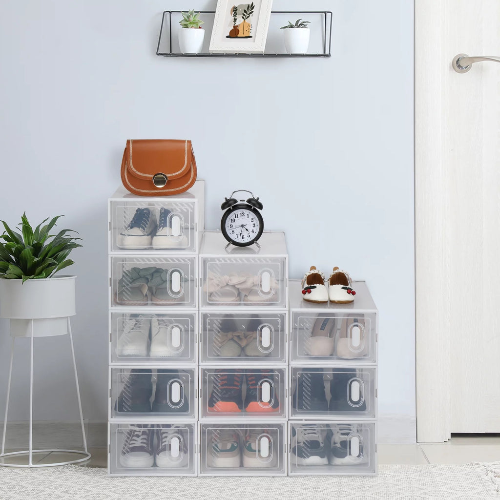 12 Pack Multipurpose Shoe Storage Boxes with Clear Lid, Foldable Stackable Organizer M249