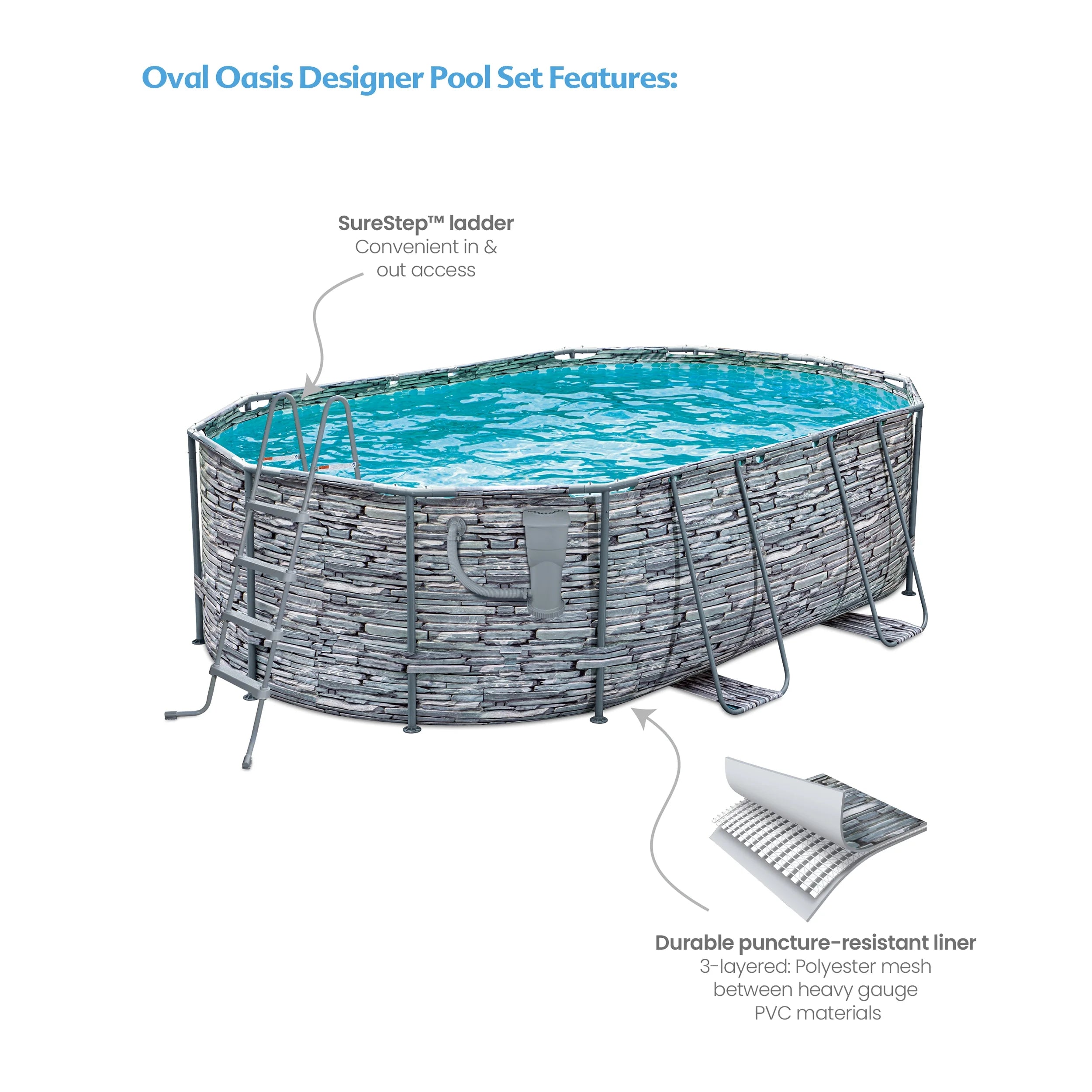 16 ft Oval Above Ground Frame Swimming Pool, Stone Print B65439