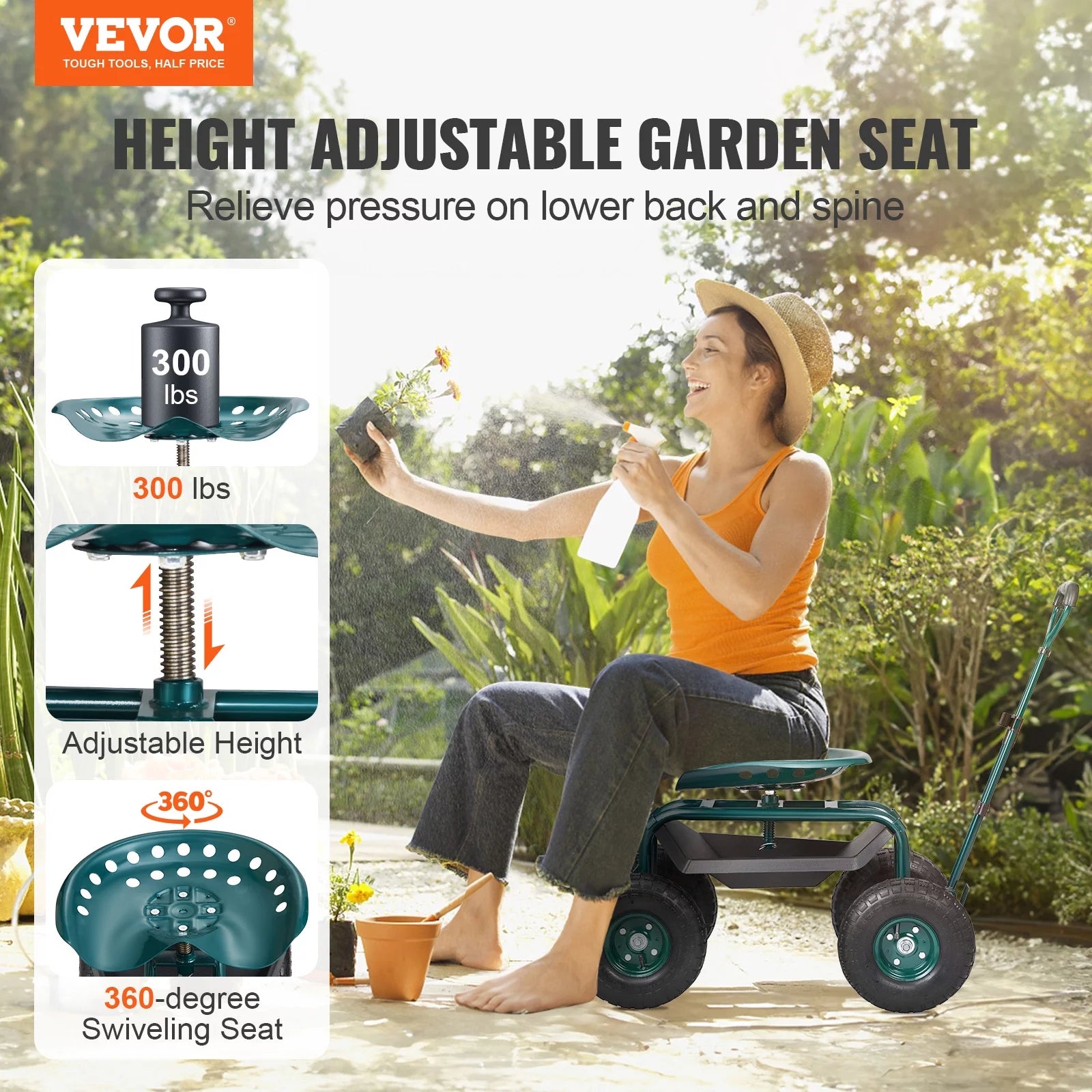 Garden Cart Rolling Workseat with 360 Degree Swivel Seat and Utility Tool Tray W501735