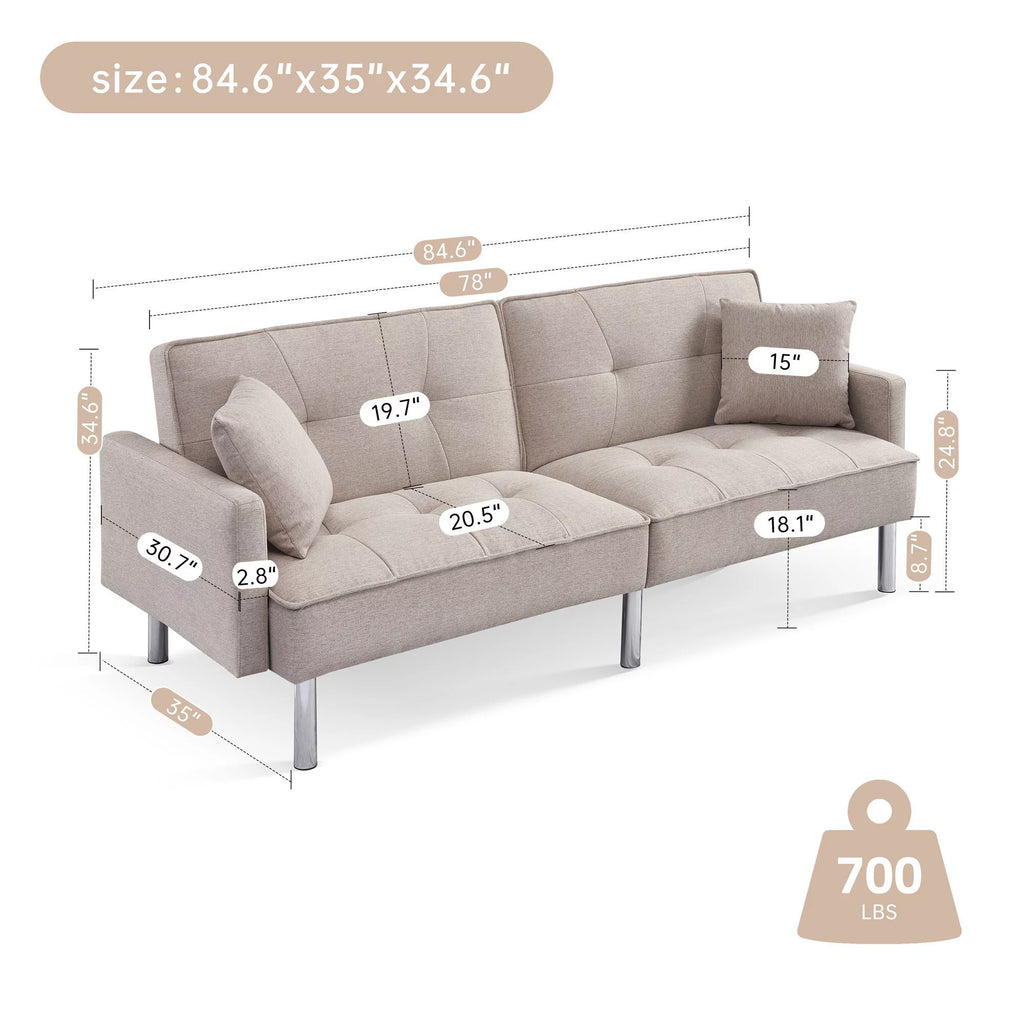 Extra Long Tufted Beige Fabric Futon Adjustable Sofa Bed J212