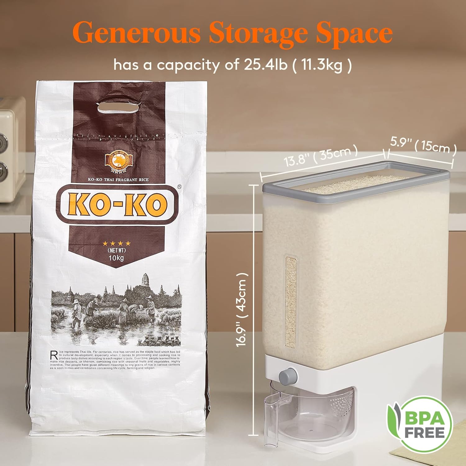 Rice Dispenser 25 Lbs, Sealed Storage Container for Kitchen Pantry V82898
