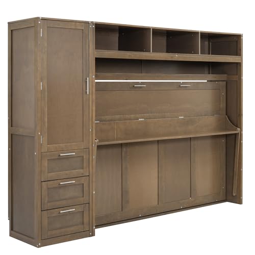 Full Size Murphy Bed with Wardrobe, Storage Drawers and Open Shelves, Solid Wood Wall Bed Frame for Bedroom Guest Room Home Office Study, Easy Assembly (Antique Grey, Full) C74375