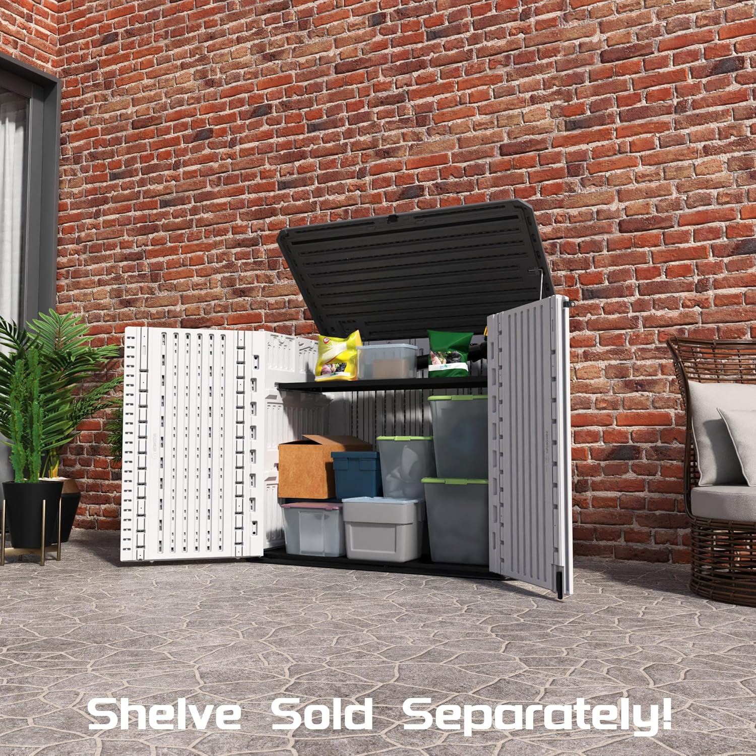 Outdoor Horizontal Storage Cabinet, Waterproof Lockable Resin Shed for Patio Garden S9298