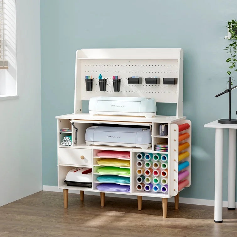 Organization and Storage Cabinet Compatible with Cricut Machines, Craft Cabinet Table Crafting Desk Organizer with Charging Station, Pegboard, Vinyl Roll Holders, Large Craft Room Furniture