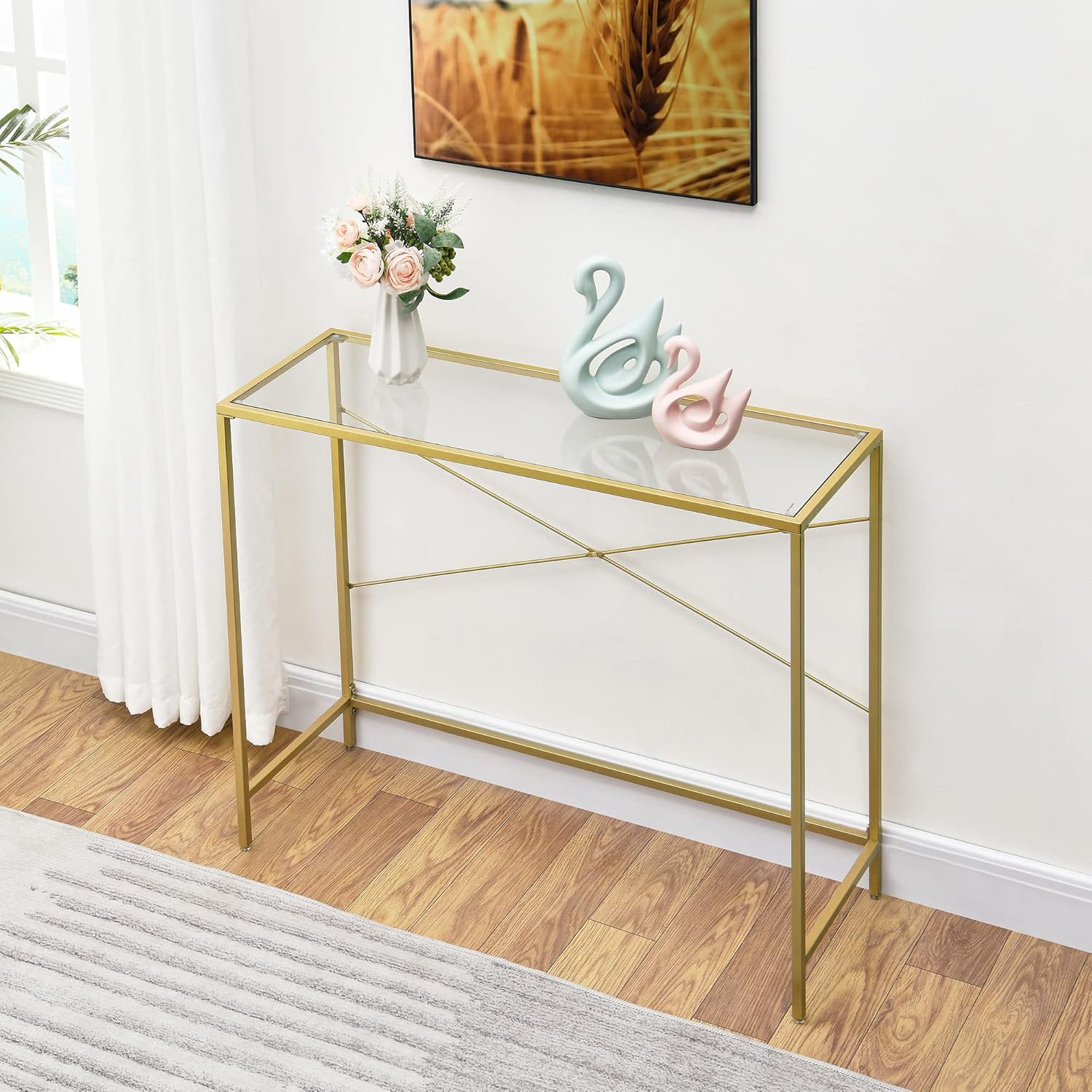 Console Table with Tempered Glass Top, Narrow Metal Frame for Hallway, Living Room, Office R788