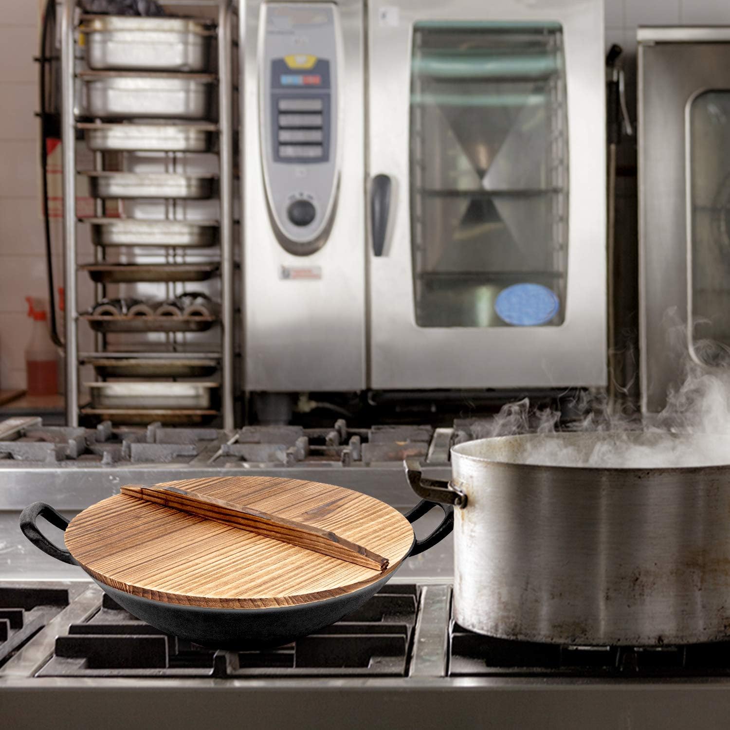 Pre-Seasoned Cast Iron Wok with Wooden Lid, 14 Inches, Nonstick Deep Frying Pan Q32539