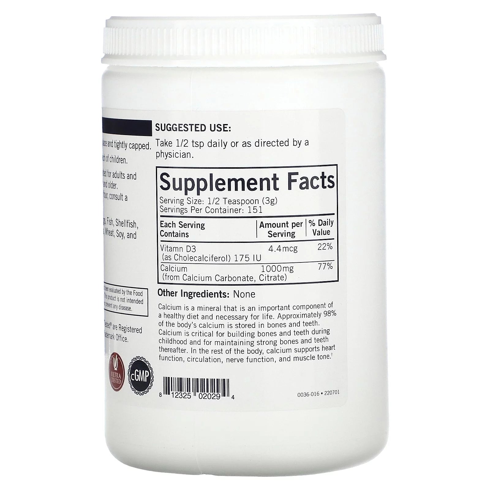 Calcium Powder with Vitamin D-3, Unflavored, 16 oz I418