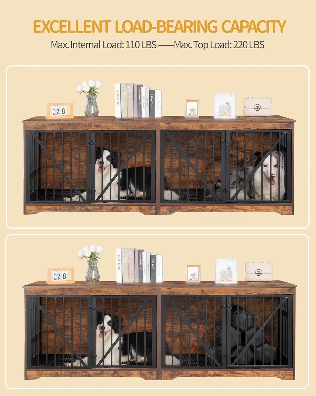 Large Dog Crate Furniture with Divider, Wood Kennel Indoor Side Table Q543944