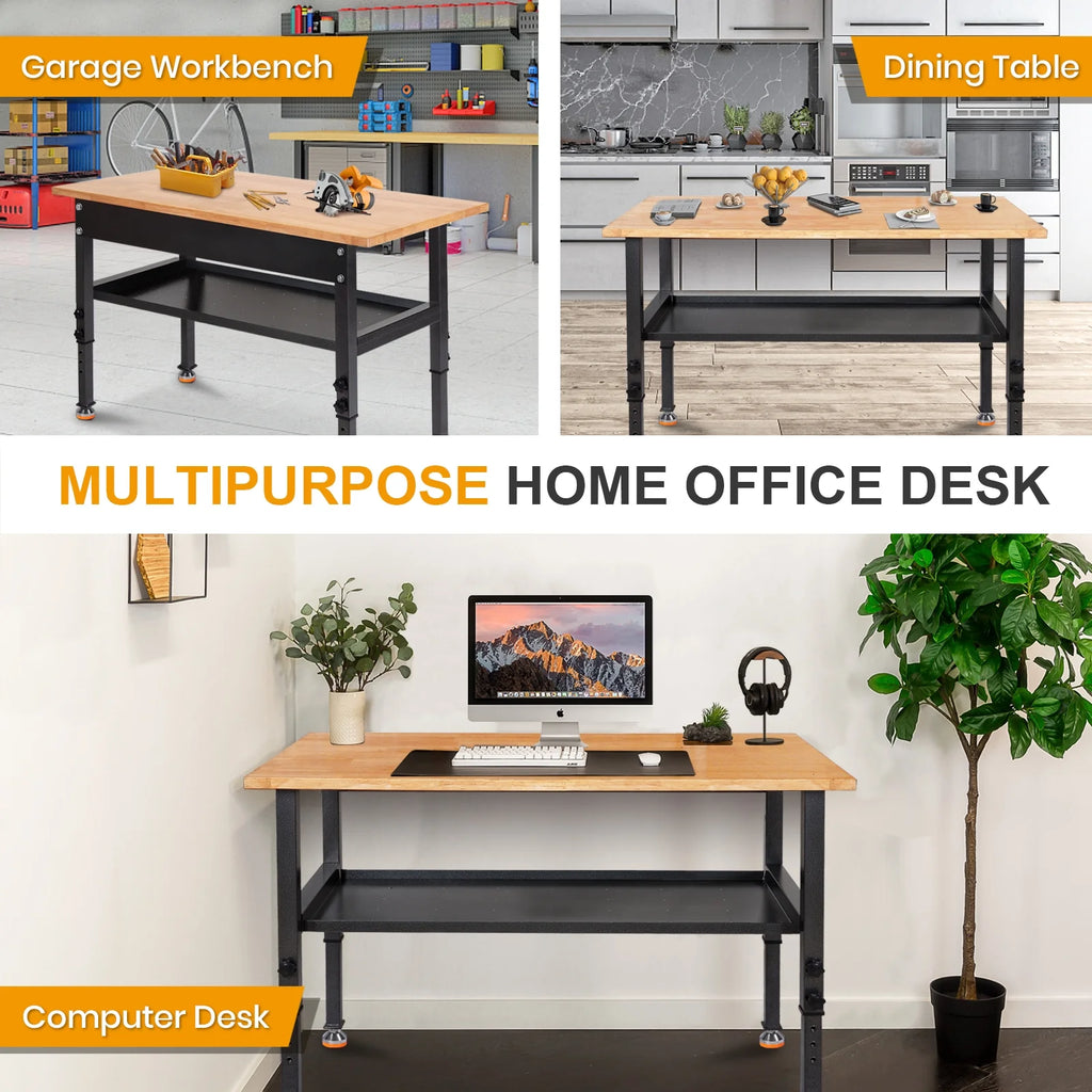 48" Adjustable Heavy-Duty Workbench with Rubber Wood Top V1606