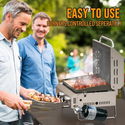 Flat Top Gas Griddle, 2-Burner Tabletop Propane Grill, Portable Outdoor Cooking N1446