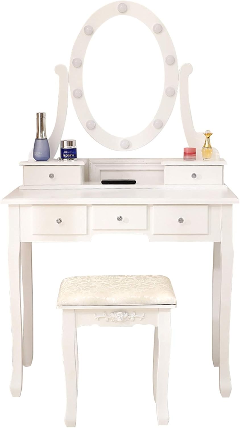 Lighted Makeup Vanity Set with Rotating Mirror and Stool X957