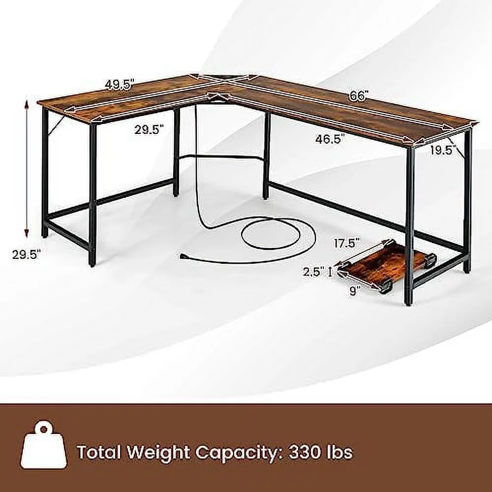 L-Shaped Desk with CPU Stand 66 Inch Wooden Corner Desk with Metal Frame S89739