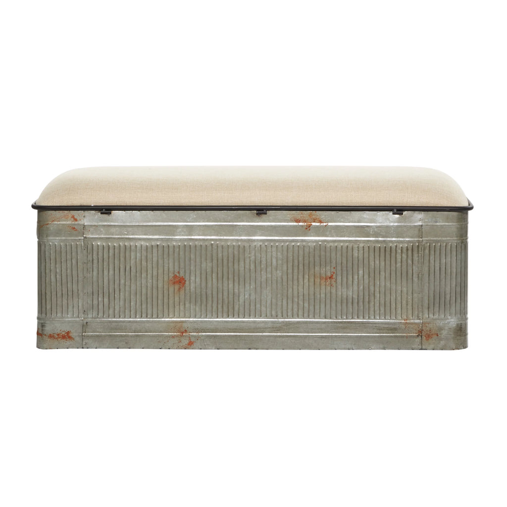 Metal Galvanized Storage Bench with Cream Burlap Top E438064