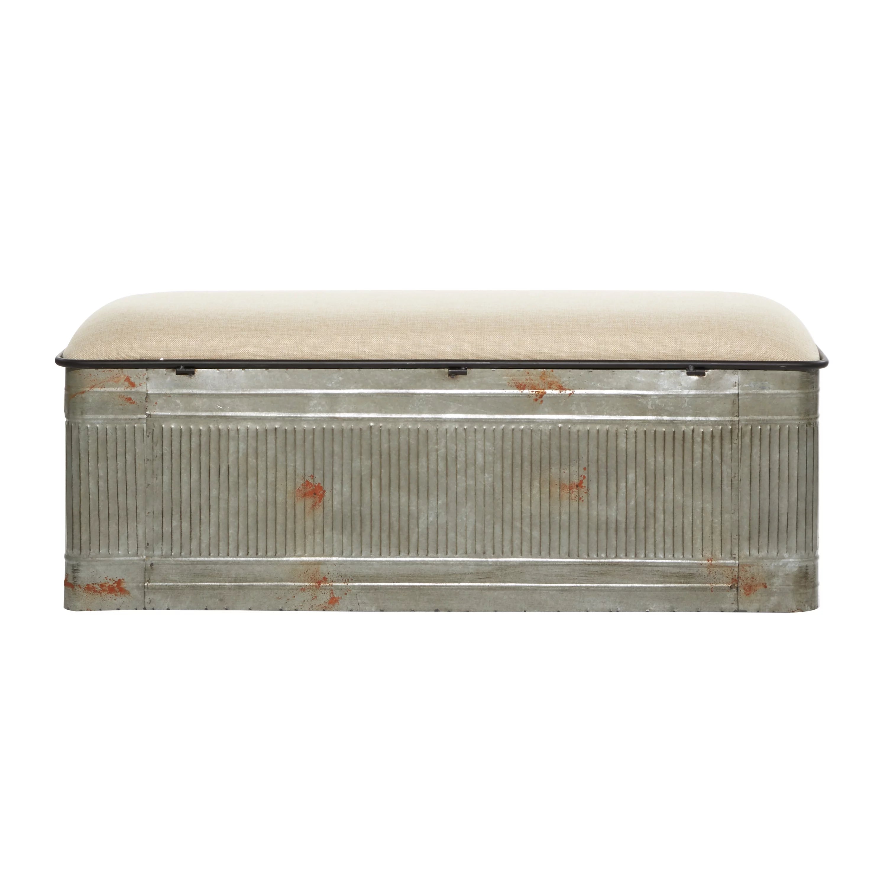 Metal Galvanized Storage Bench with Cream Burlap Top E438064