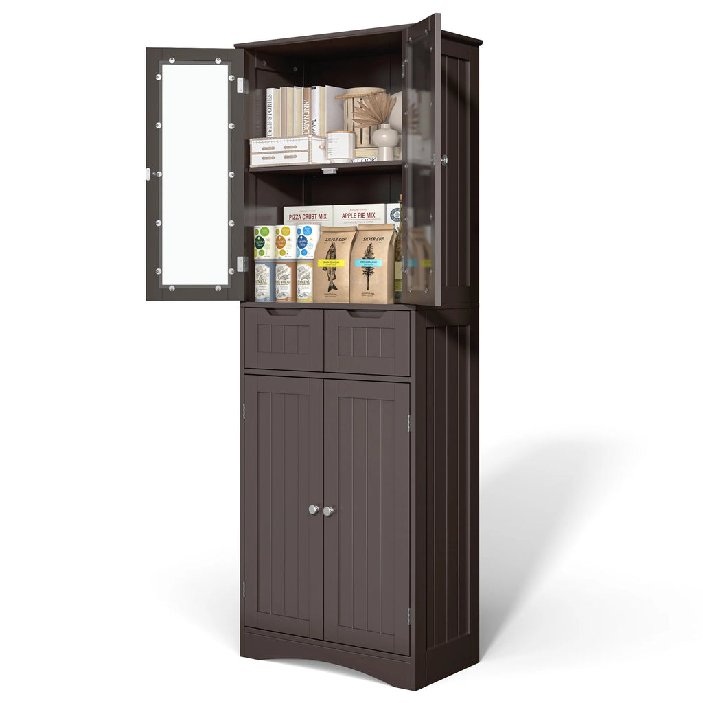 Tall Storage Cabinet with Glass Doors and 2 Drawers, Dark Brown V33192