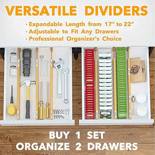 Bamboo Drawer Dividers with Labels, Adjustable Organizers, 6 Pack I1088
