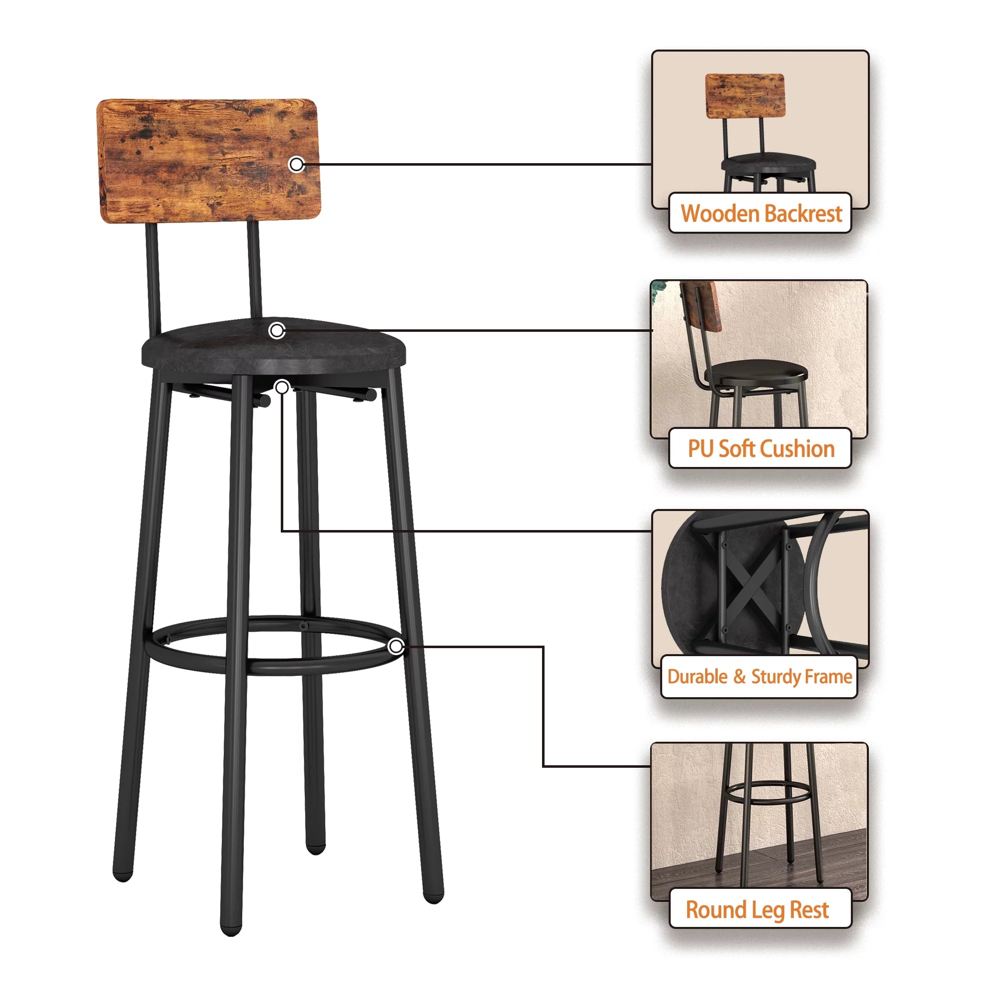 3 Piece Bar Table Set with 2 Stools, Rustic Brown M1260