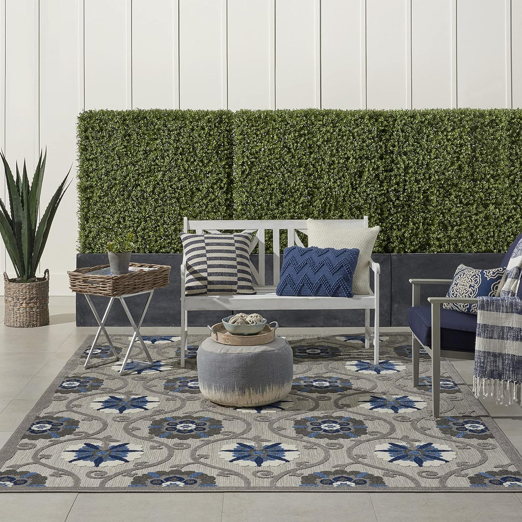 Nourison Aloha Indoor/Outdoor Grey/Blue 7' x 10' Area Rug, Easy Cleaning, Non Shedding, Bed Room, Living Room, Dining Room, Kitchen (7x10)