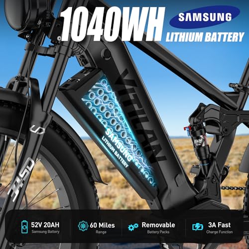 Electric Bike for Adults Fat Tire 52V 20AH Removable Battery 26 Inch Full Suspension S9895