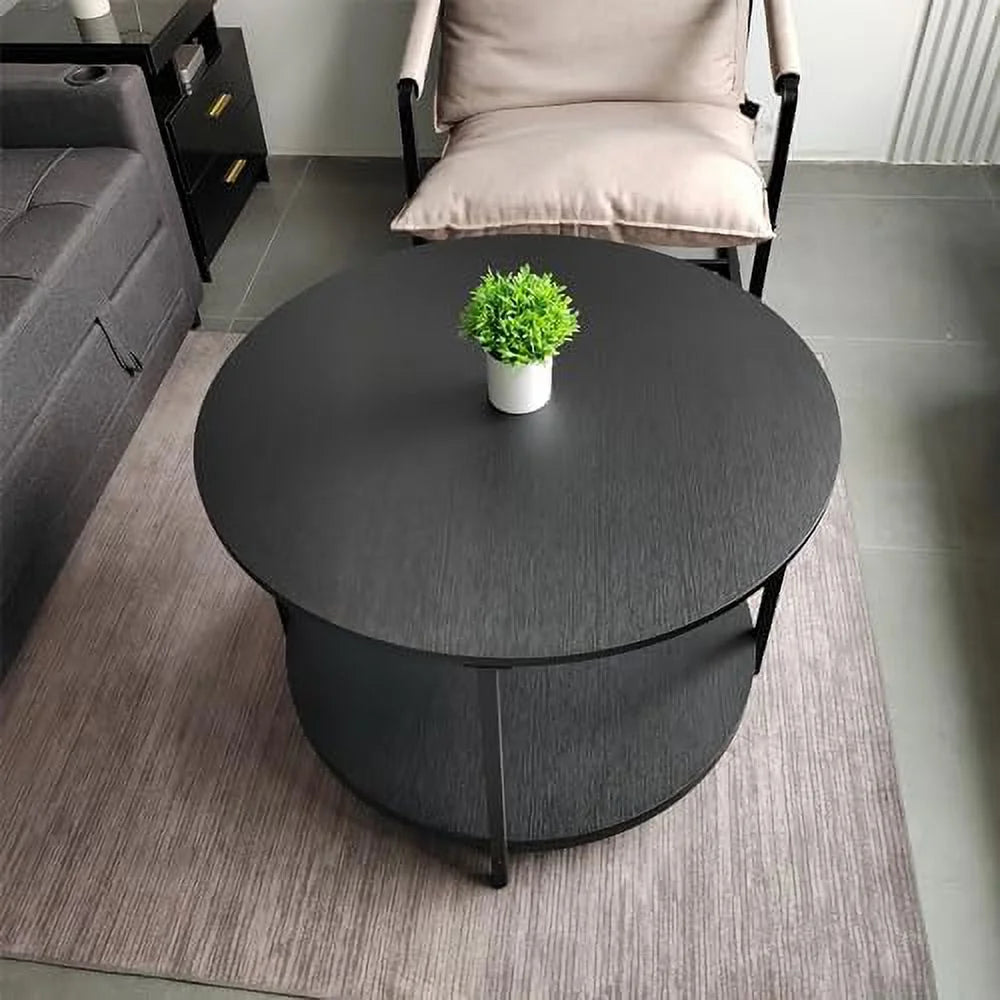 Round Coffee Table 31.5 inch 2-Tier Rustic Wood with Metal Legs L3418