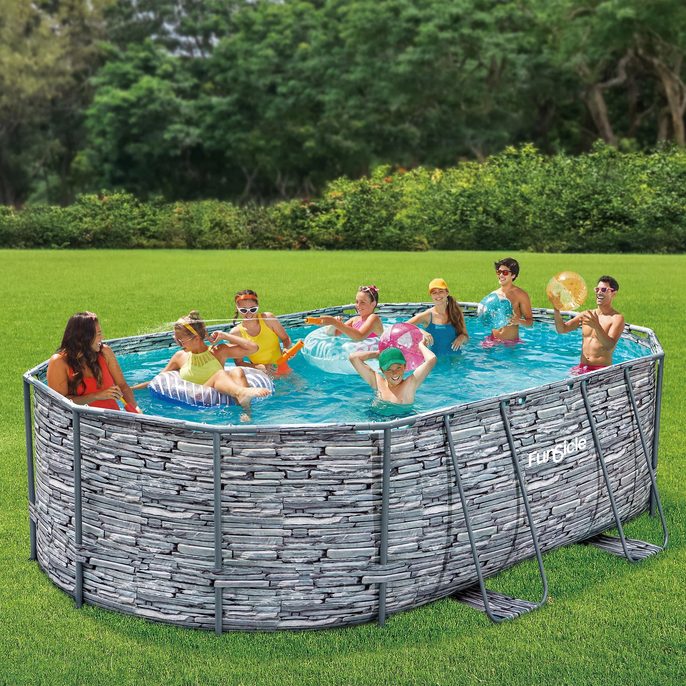 16 ft Oval Above Ground Frame Swimming Pool, Stone Print B65439
