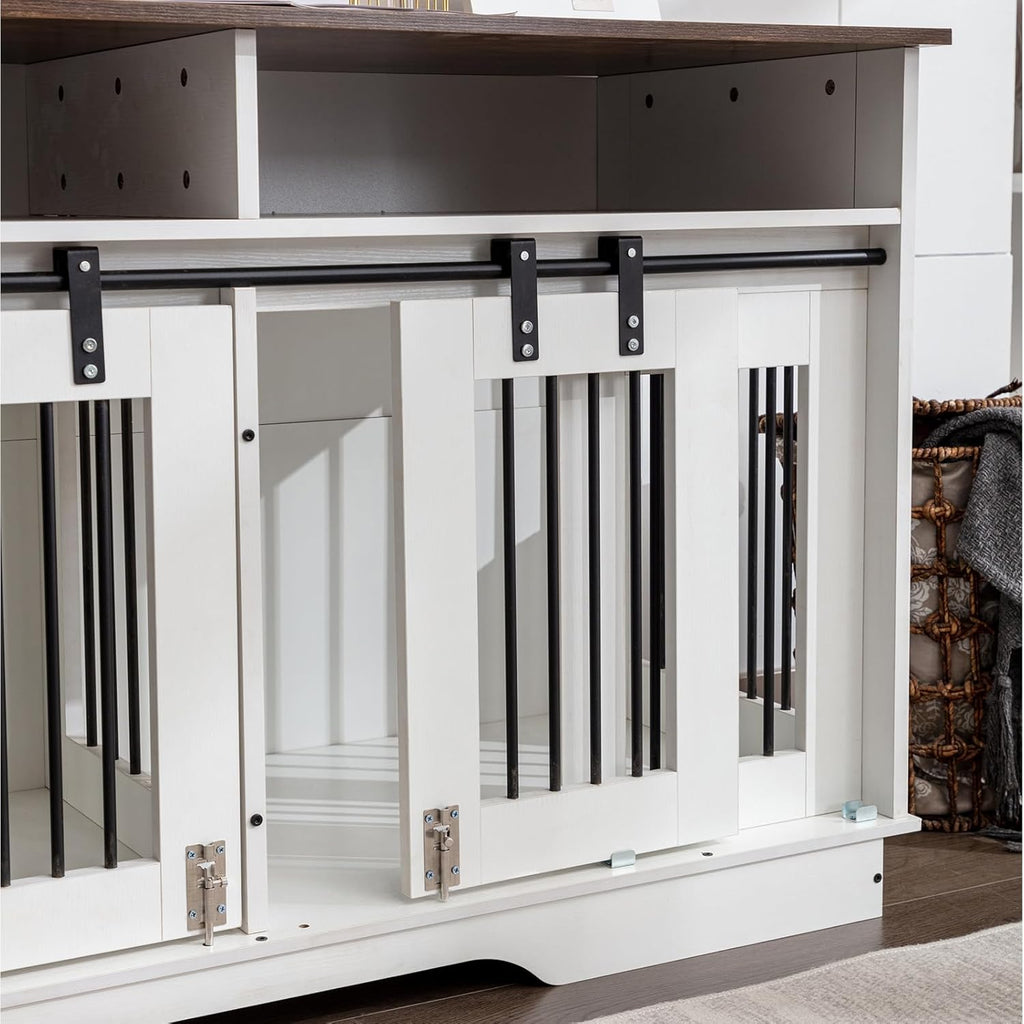 55" Double Dog Crate Furniture, Wooden End Table with Drawers, Indoor Kennel for Small/Medium Dogs X54991