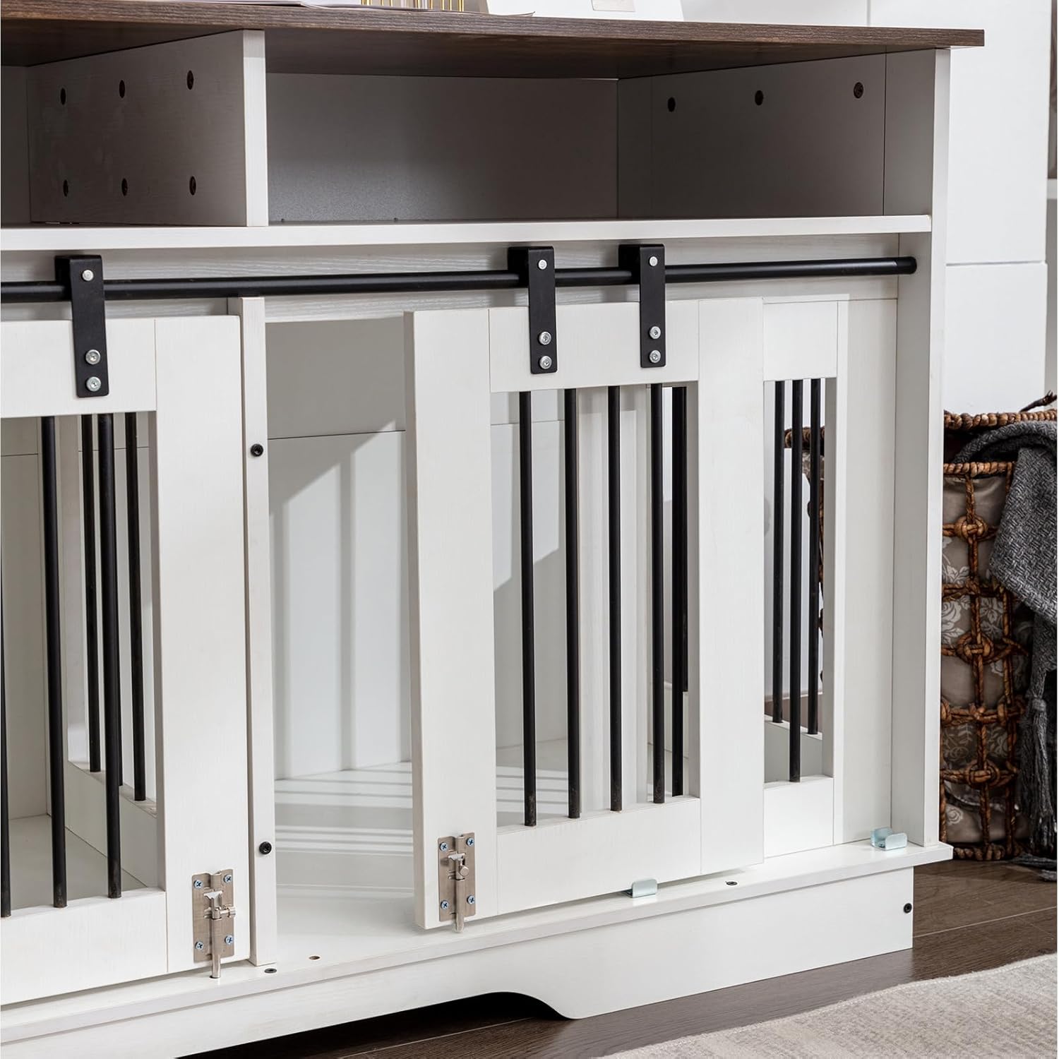 55" Double Dog Crate Furniture, Wooden End Table with Drawers, Indoor Kennel for Small/Medium Dogs X54991