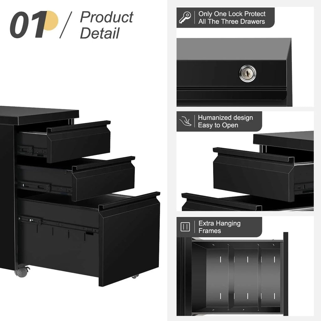 3 Drawer Metal File Cabinet with Lock Black U51511