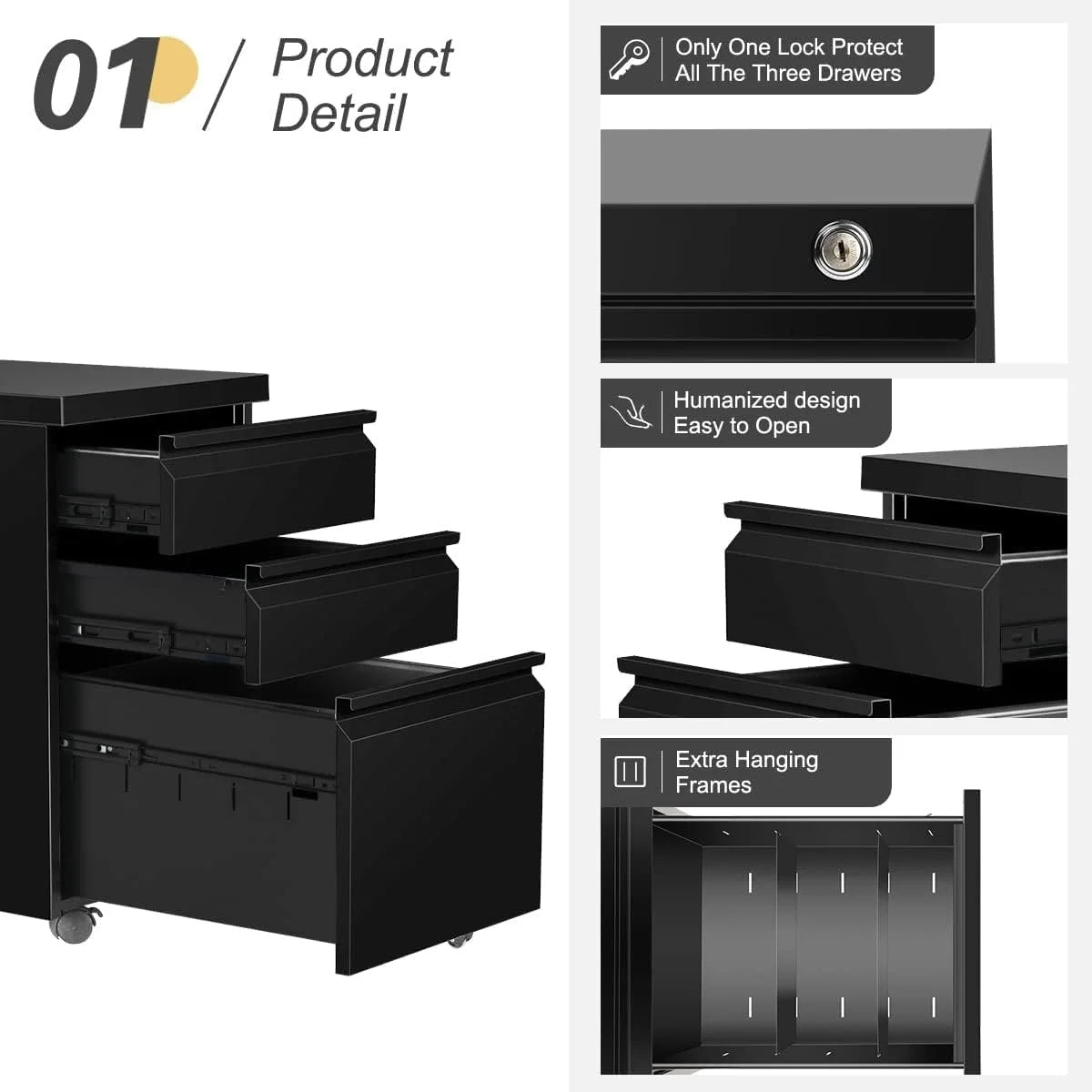 3 Drawer Metal File Cabinet with Lock Black U51511