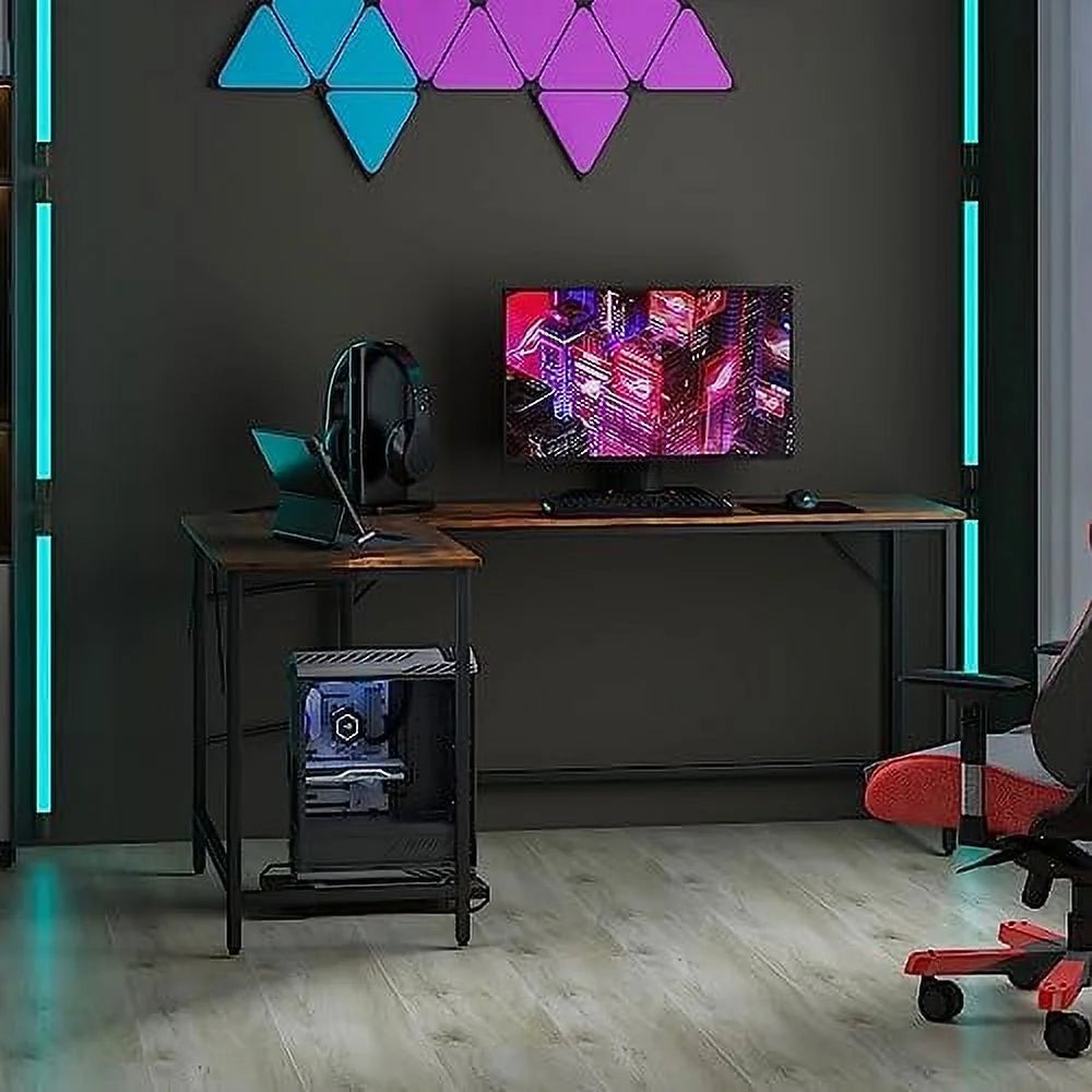 L-Shaped Desk with CPU Stand 66 Inch Wooden Corner Desk with Metal Frame S89739