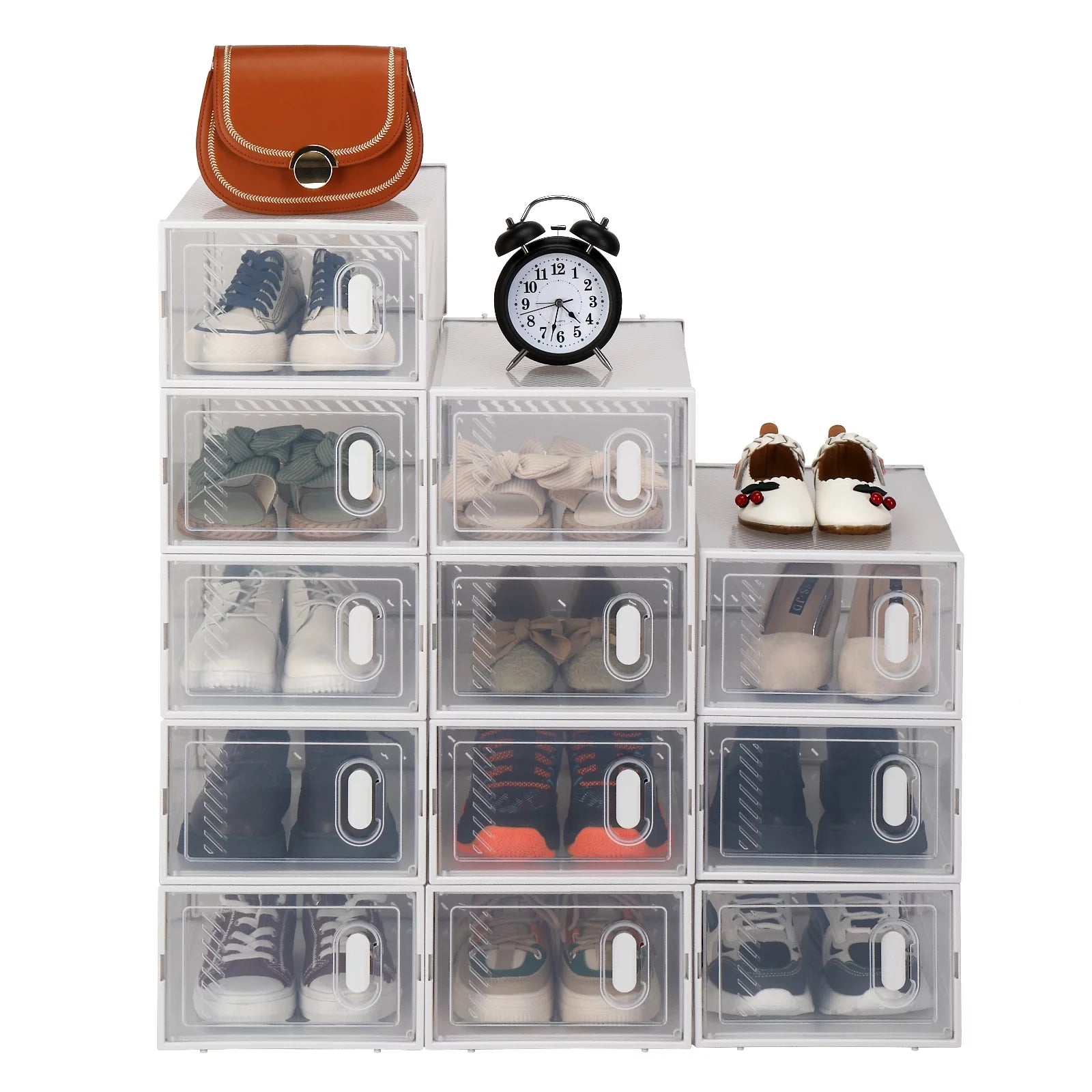 12 Pack Multipurpose Shoe Storage Boxes with Clear Lid, Foldable Stackable Organizer M249