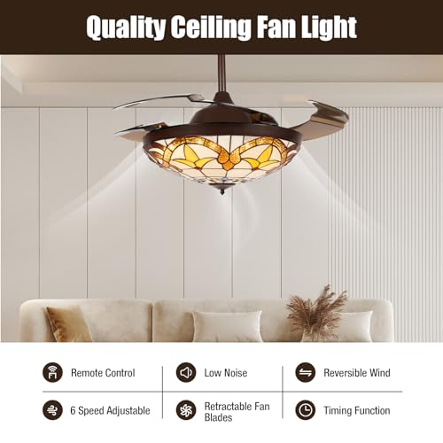 Tiffany Style 42 Inch Stained Glass Ceiling Fan with Light and Remote Control X80082