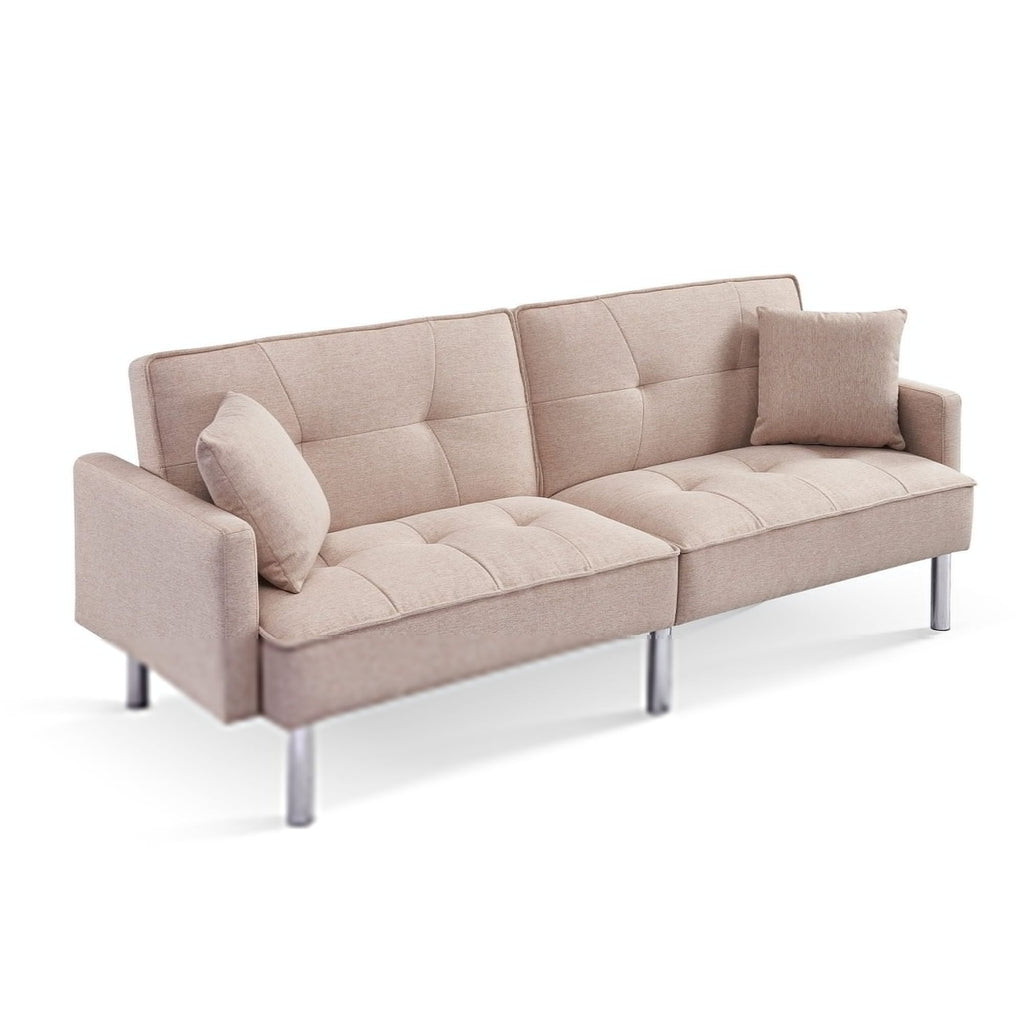 Extra Long Tufted Beige Fabric Futon Adjustable Sofa Bed J212