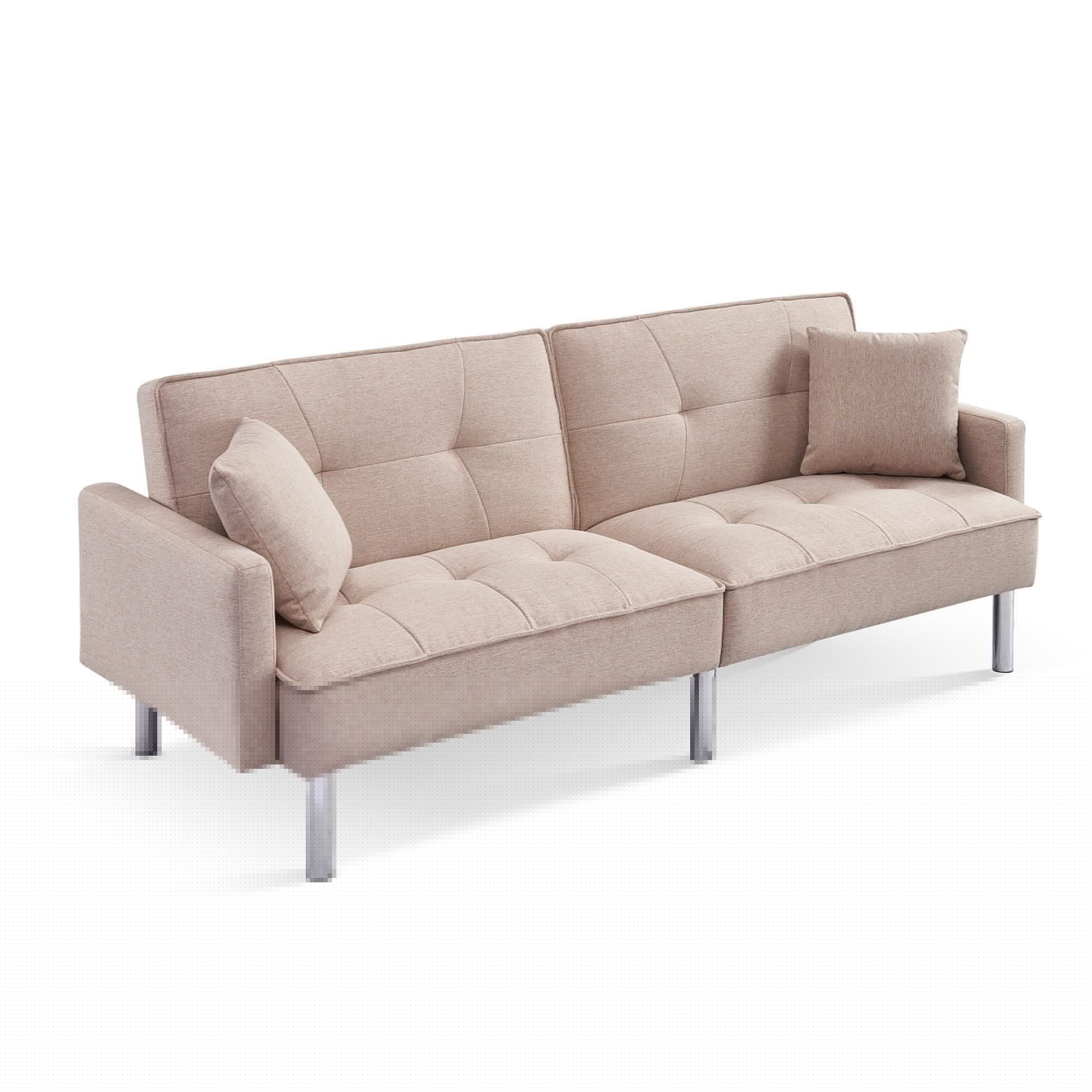 Extra Long Tufted Beige Fabric Futon Adjustable Sofa Bed J212