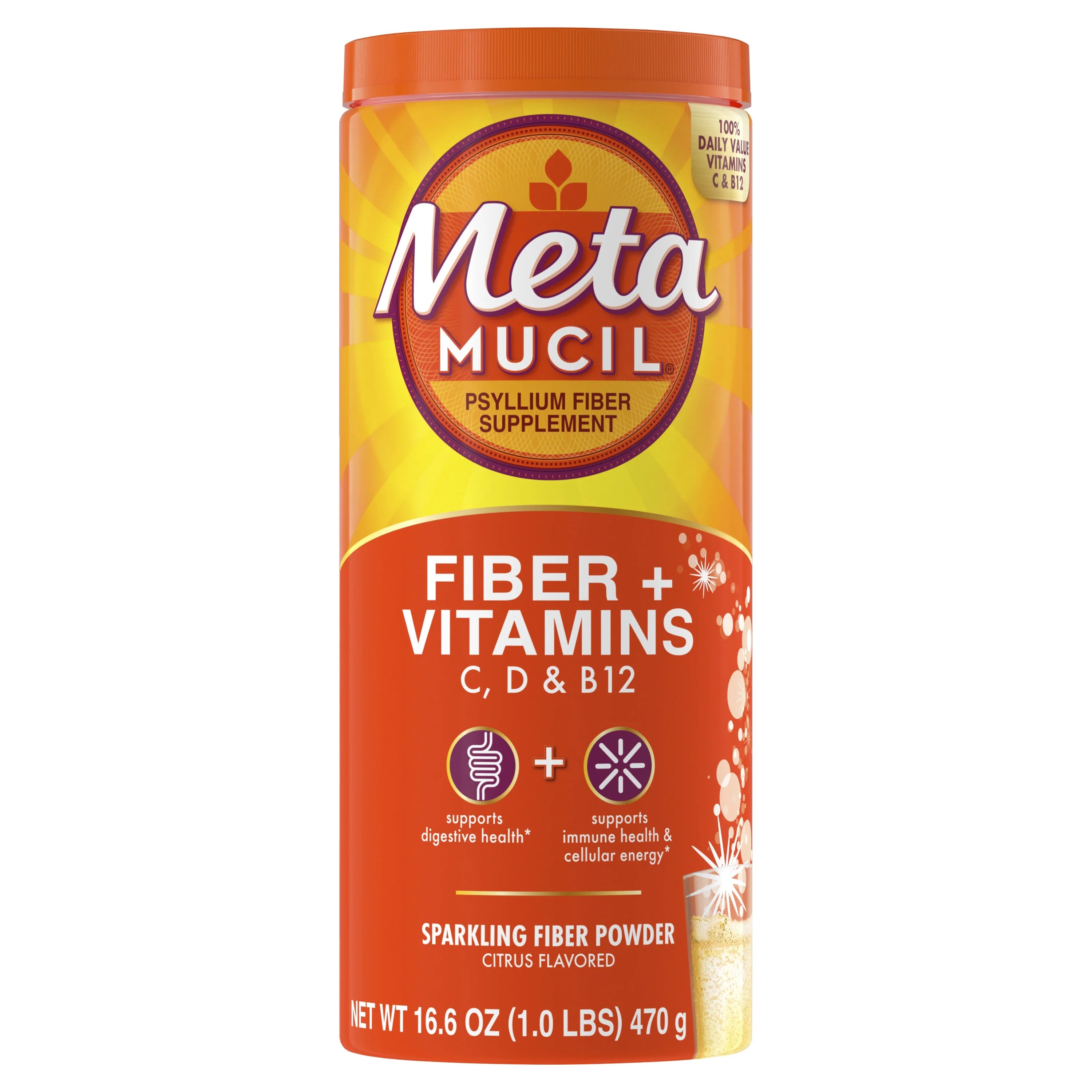 Daily Fiber Supplement with Vitamins C, D & B12, Sparkling Citrus Drink, 50 Servings V3763