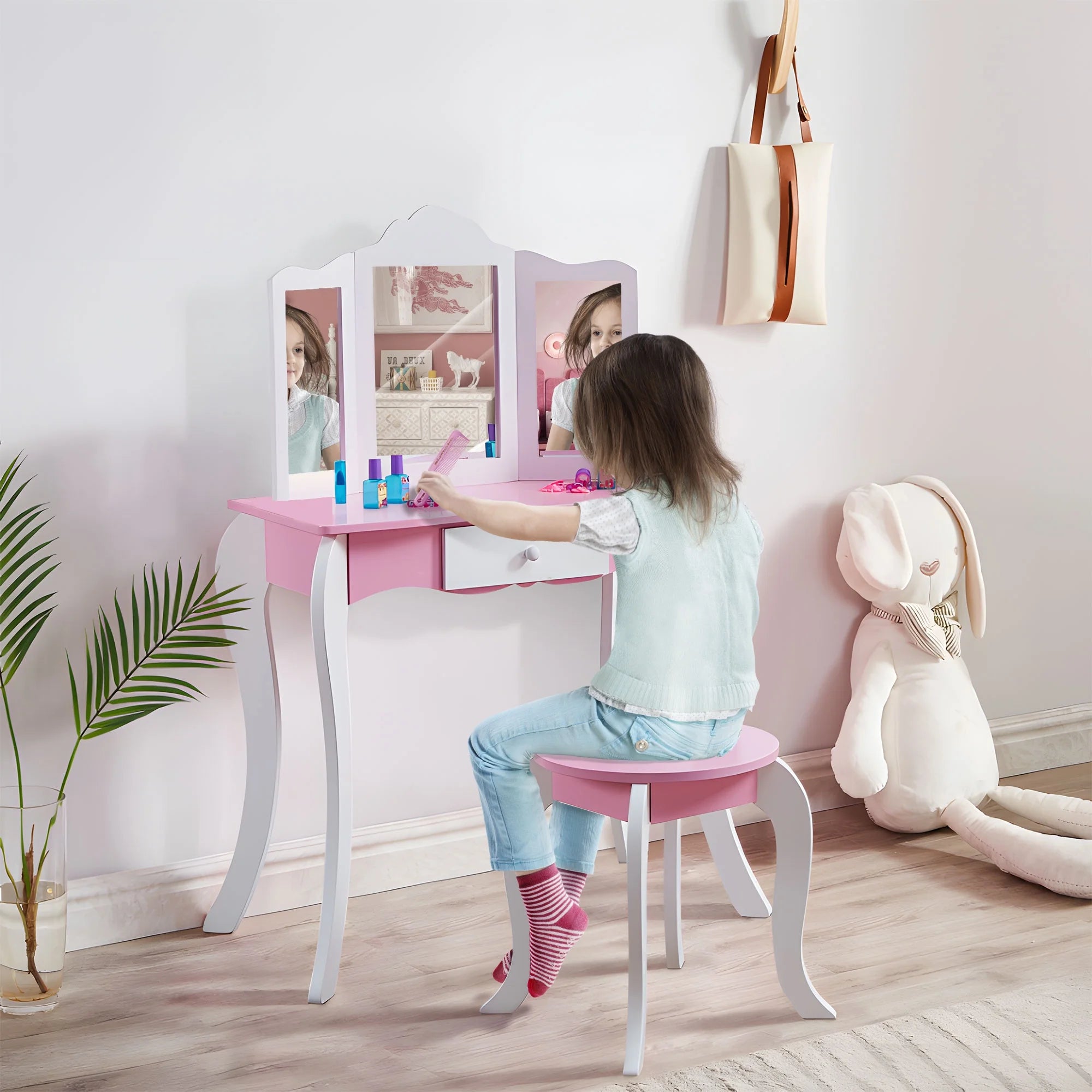 Kids Vanity Set with Mirror and Table, Pink B9511