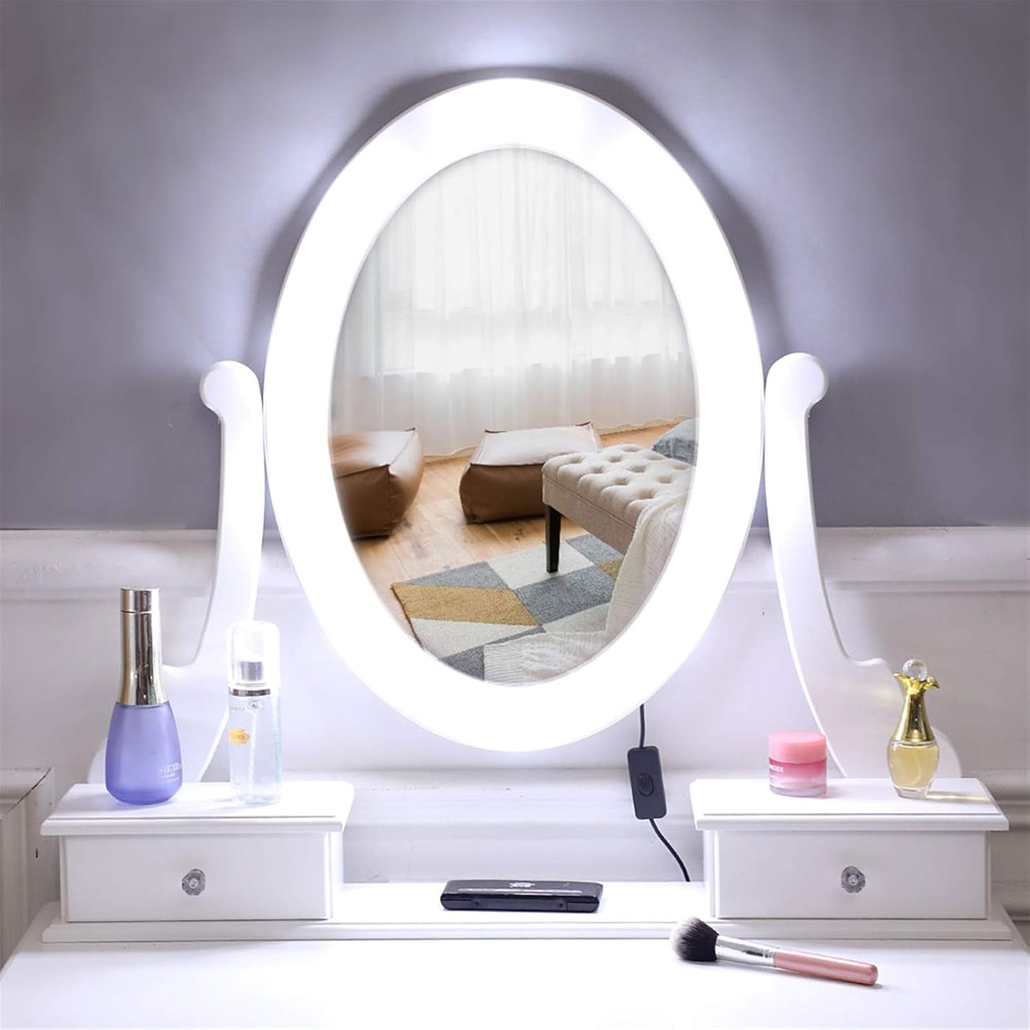 Lighted Makeup Vanity Set with Rotating Mirror and Stool X957