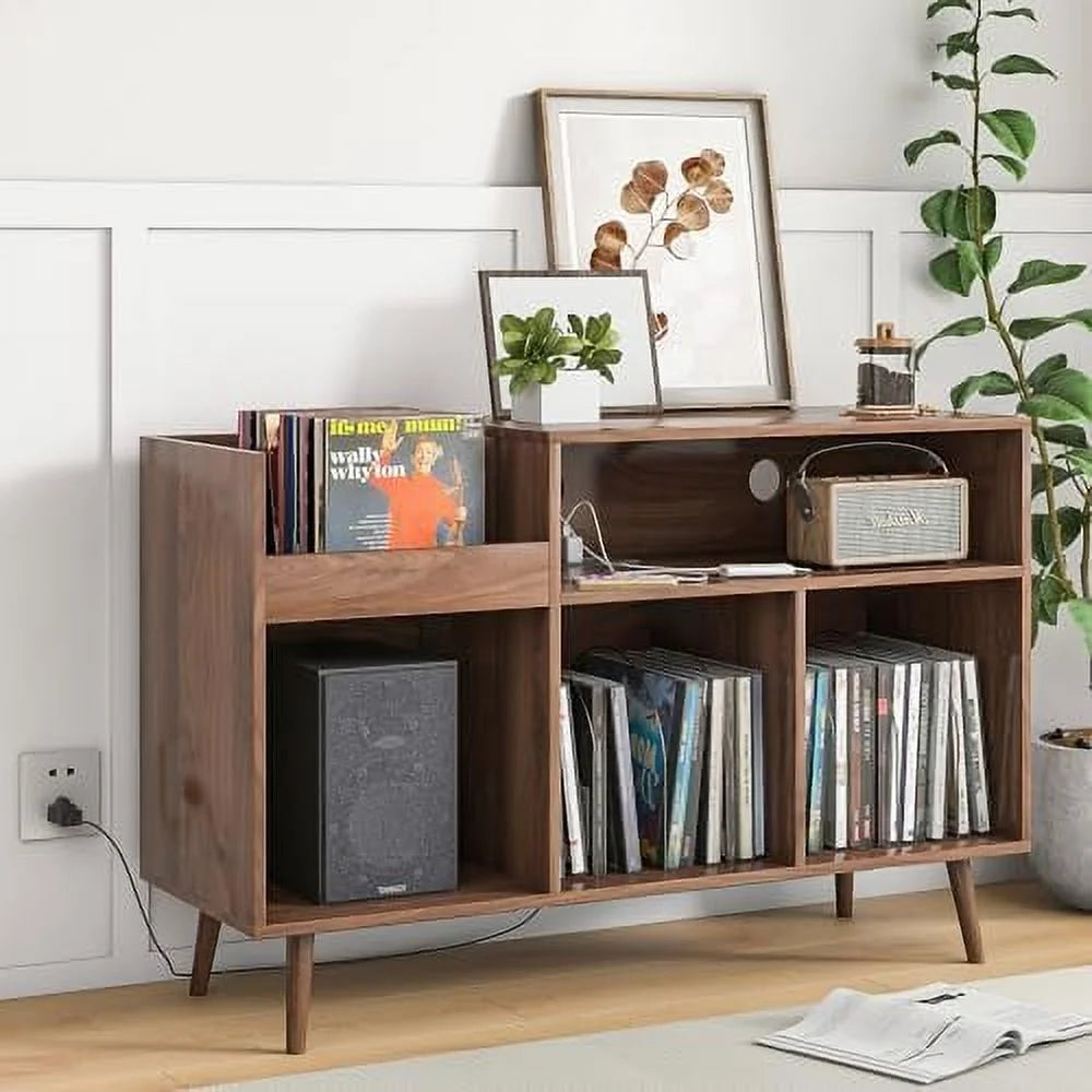 Mid-Century Record Player Stand with Vinyl Cabinet and Power Outlet C580