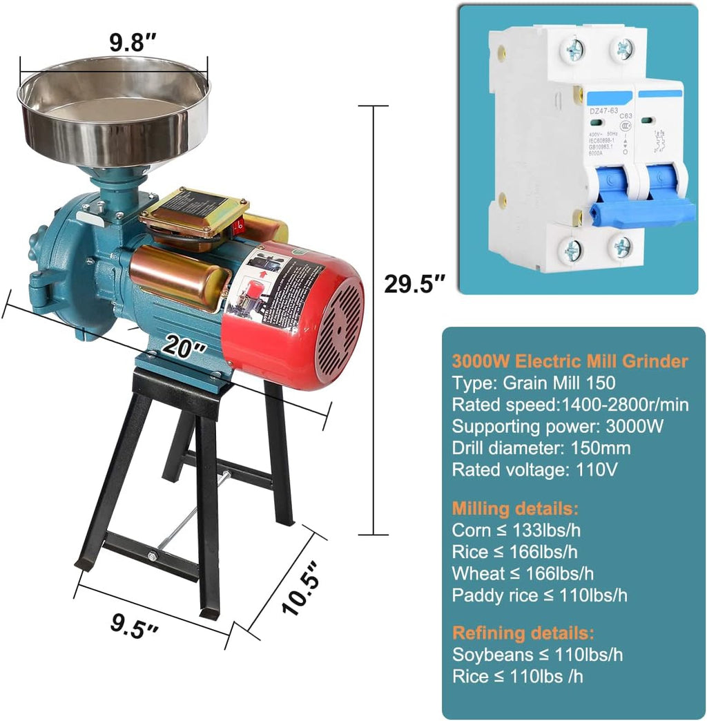 Corn Grinder Electric, Wheat Grain Mill Machine, Molino De Maiz Electrico, 3000W Dry Machine Cereals Coffee Miller, Commercial Home J51917