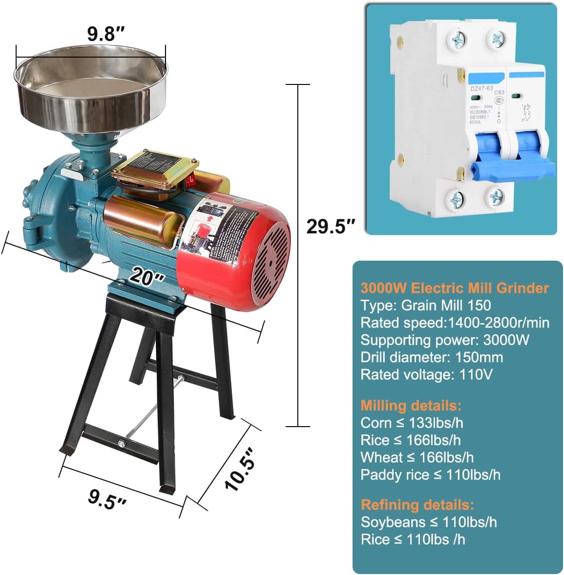 Corn Grinder Electric, Wheat Grain Mill Machine, Molino De Maiz Electrico, 3000W Dry Machine Cereals Coffee Miller, Commercial Home J51917
