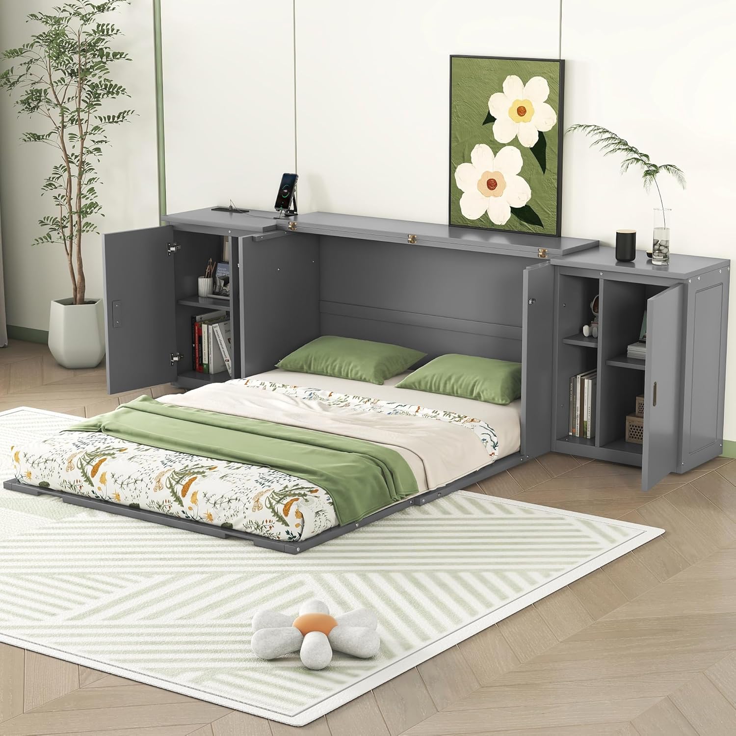 Queen Size Murphy Bed with Shelves, Cabinets and USB Ports S875414